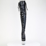 Rhinestones 18 cm open toe Black thigh high boots with laces high heels