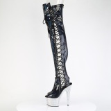 Rhinestones 18 cm open toe Black thigh high boots with laces high heels