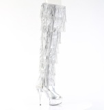 Silver 15 cm DELIGHT exotic overknee boots rhinestone fringes